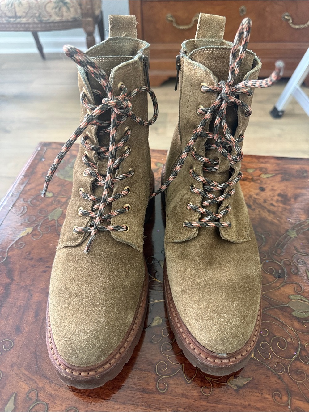 FRYE Lace-Up Suede Combat Boots in Olive for Women